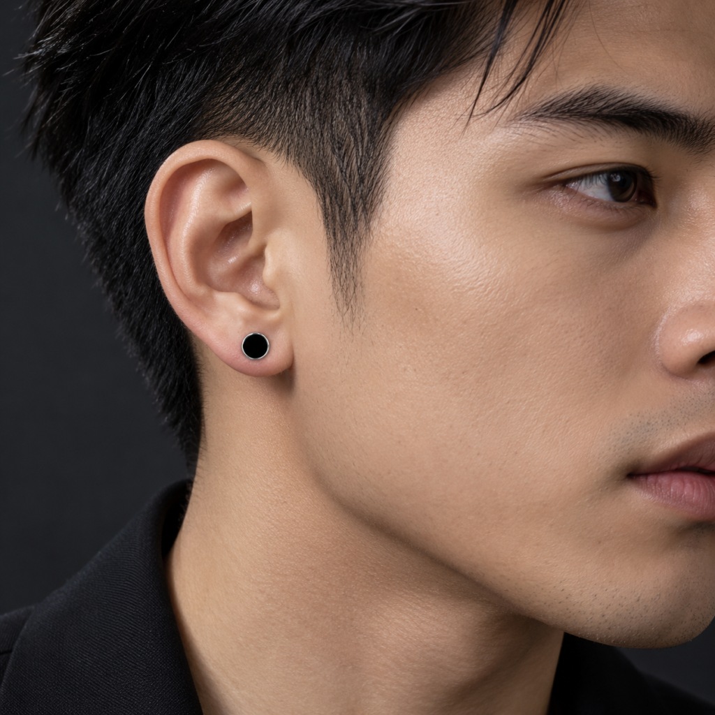 Bông Tai Bạc Nam Tròn Đen Tối Giản – Black Circle