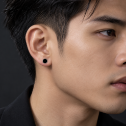 Bông Tai Bạc Nam Tròn Đen Tối Giản – Black Circle